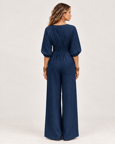 Women's Linen Blend V-Neck Wide-Leg Jumpsuit