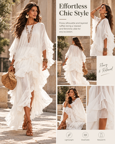 Women's Boho V-Neck Ruffle Maxi Dress