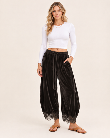 Corduroy Floral Lace Trim Wide Leg Pants