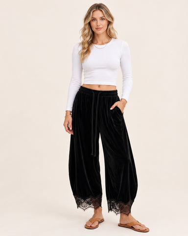 Corduroy Floral Lace Trim Wide Leg Pants