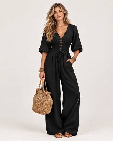 Women's Linen Blend V-Neck Wide-Leg Jumpsuit