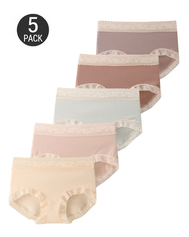 5-Pack Soft Lace-Trim Cotton High-Waist Panties