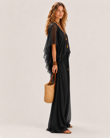 Deep V Chiffon Top and Drawstring Wide-Leg Pants
