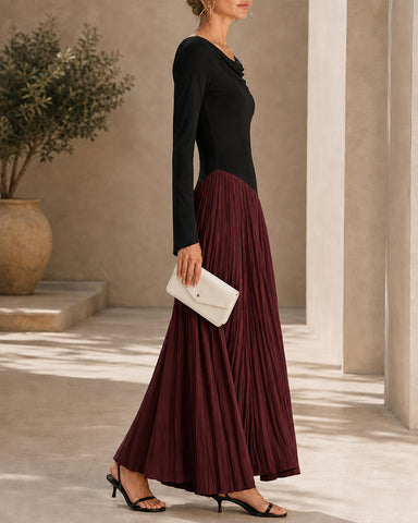 Casual Colorblock Cowlette Neckline Long Dress