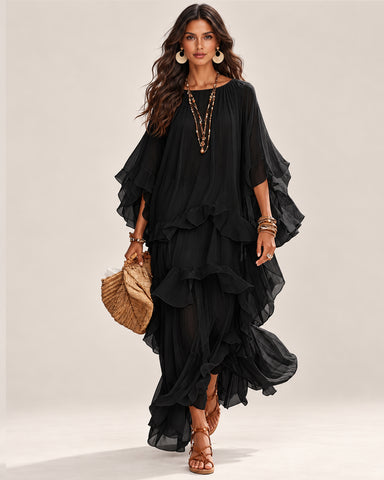 Women's Boho V-Neck Ruffle Maxi Dress