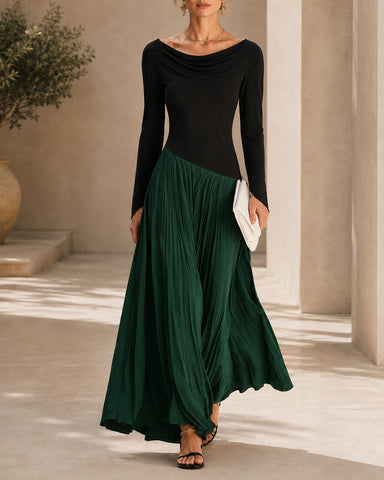 Casual Colorblock Cowlette Neckline Long Dress