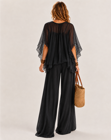 Deep V Chiffon Top and Drawstring Wide-Leg Pants