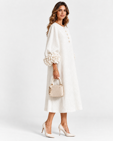 Cotton Linen Puff Sleeve Midi Dress