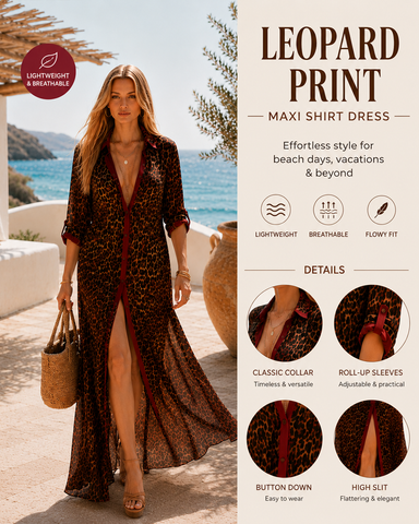 Vintage Leopard Contrast-Trim Collared Sun Protection Maxi Shirt Dress