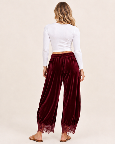 Corduroy Floral Lace Trim Wide Leg Pants