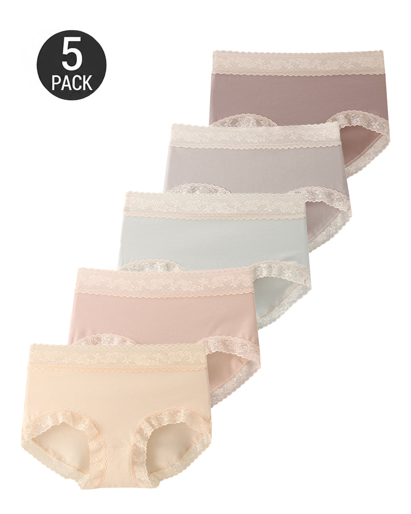 5-Pack Soft Lace-Trim Cotton High-Waist Panties