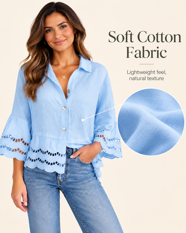 Women's Cotton Linen Lace Trim Blouse