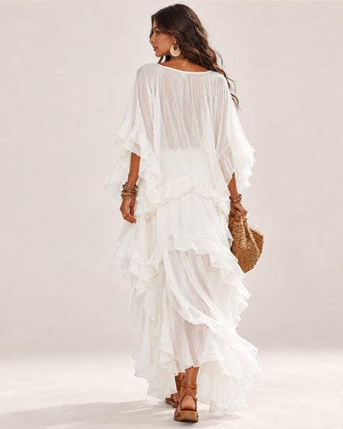 Women's Boho V-Neck Ruffle Maxi Dress