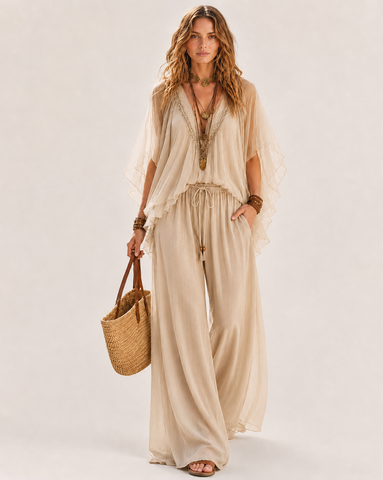 Deep V Chiffon Top and Drawstring Wide-Leg Pants