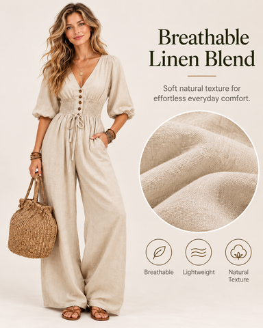 Women's Linen Blend V-Neck Wide-Leg Jumpsuit