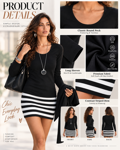Black Long Sleeve Striped Bodycon Dress