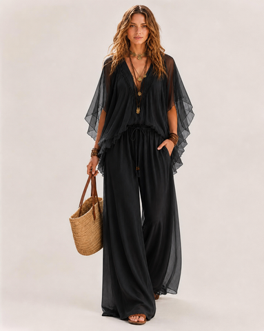 Deep V Chiffon Top and Drawstring Wide-Leg Pants