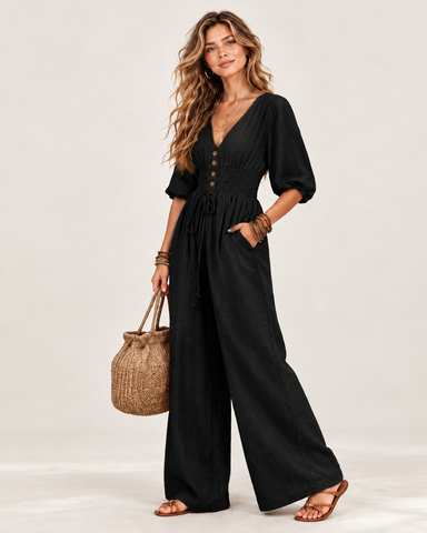 Women's Linen Blend V-Neck Wide-Leg Jumpsuit