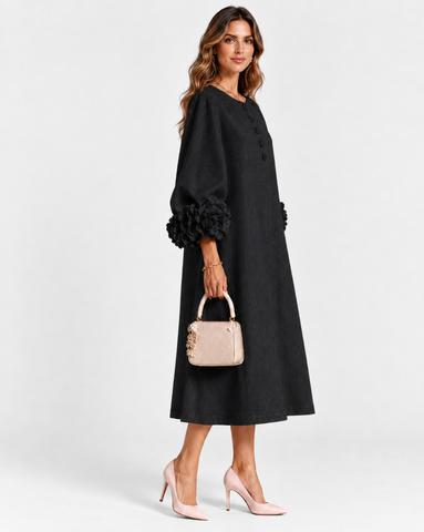 Cotton Linen Puff Sleeve Midi Dress