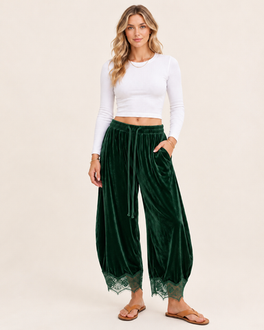 Corduroy Floral Lace Trim Wide Leg Pants