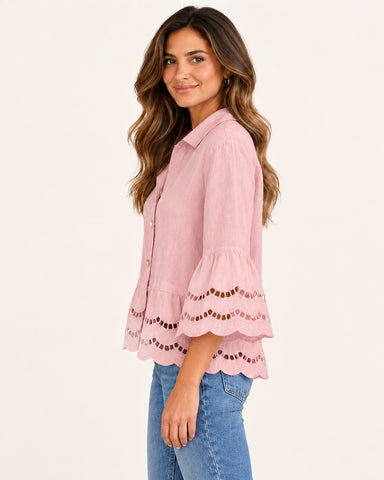Women's Cotton Linen Lace Trim Blouse