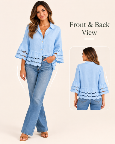 Women's Cotton Linen Lace Trim Blouse