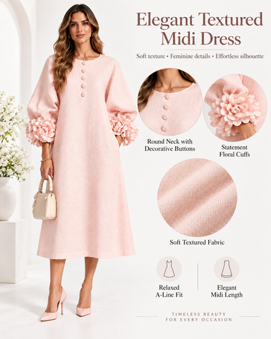 Cotton Linen Puff Sleeve Midi Dress