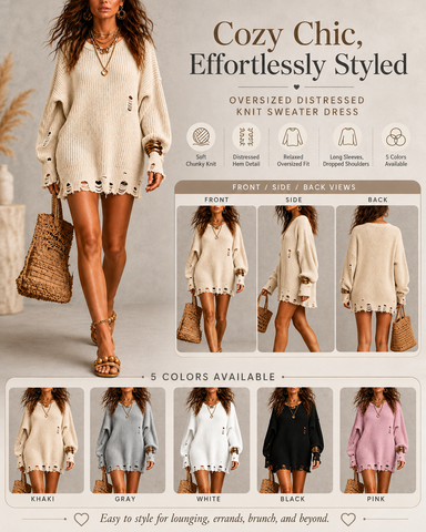 Casual Loose Round Neck Ripped Long Sweater