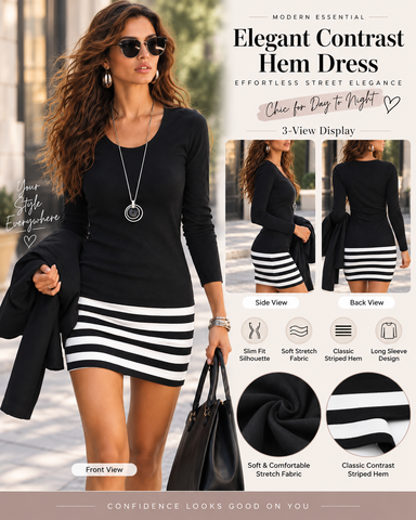 Black Long Sleeve Striped Bodycon Dress