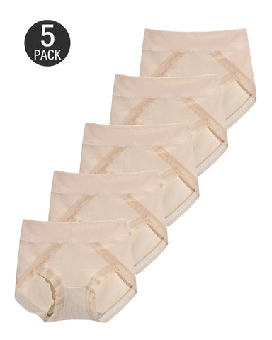 5-Pack Pure Cotton Lace Trim Breathable Tummy Control Panties