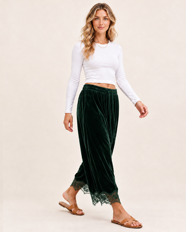 Corduroy Floral Lace Trim Wide Leg Pants