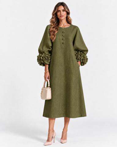 Cotton Linen Puff Sleeve Midi Dress
