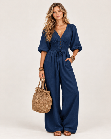 Women's Linen Blend V-Neck Wide-Leg Jumpsuit