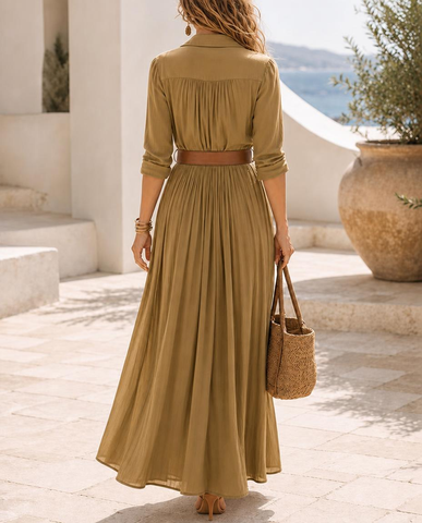 Lapel Deep V Slit Long Dress
