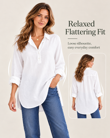 Women's Cotton Linen Button-Down Tunic Blouse