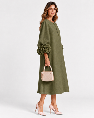 Cotton Linen Puff Sleeve Midi Dress