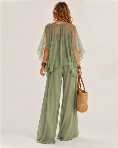 Deep V Chiffon Top and Drawstring Wide-Leg Pants