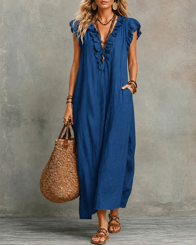 Cotton Linen V-Neck Maxi Dress