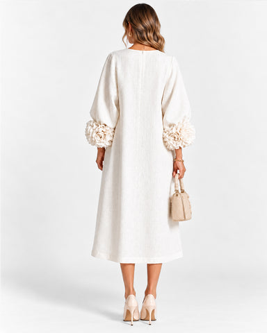 Cotton Linen Puff Sleeve Midi Dress