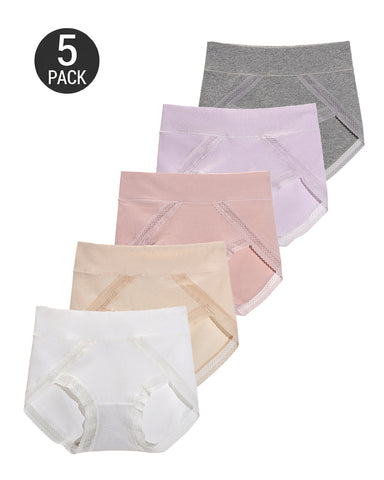 5-Pack Pure Cotton Lace Trim Breathable Tummy Control Panties