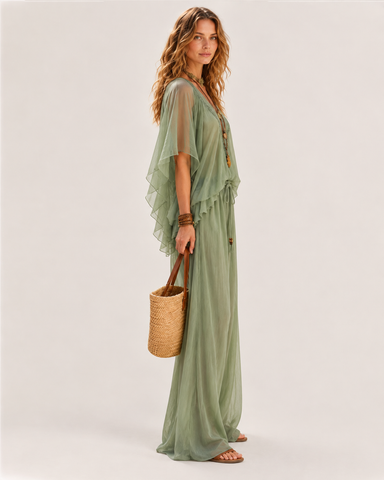 Deep V Chiffon Top and Drawstring Wide-Leg Pants