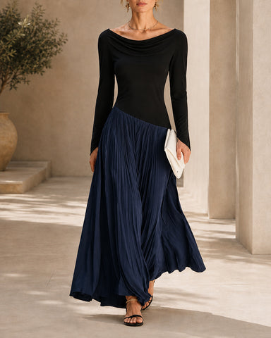 Casual Colorblock Cowlette Neckline Long Dress