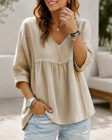 Casual Loose V Neck Cotton Linen Puff Sleeve Top
