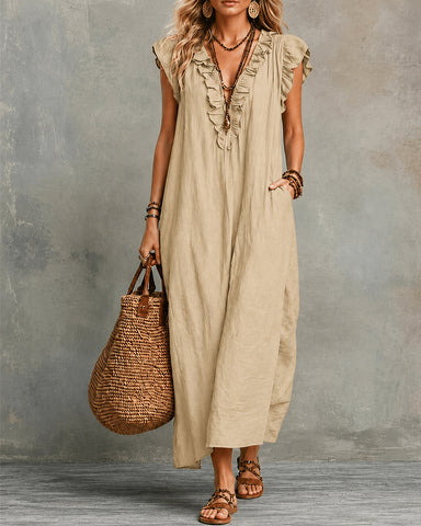 Cotton Linen V-Neck Maxi Dress