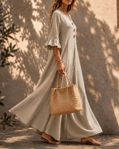 Casual Loose Cotton Linen Ruffled Sleeves Long Dress