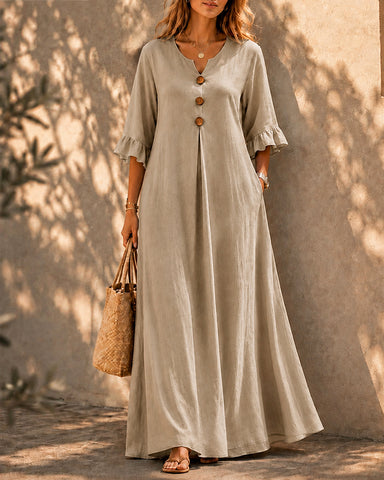 Casual Loose Cotton Linen Ruffled Sleeves Long Dress
