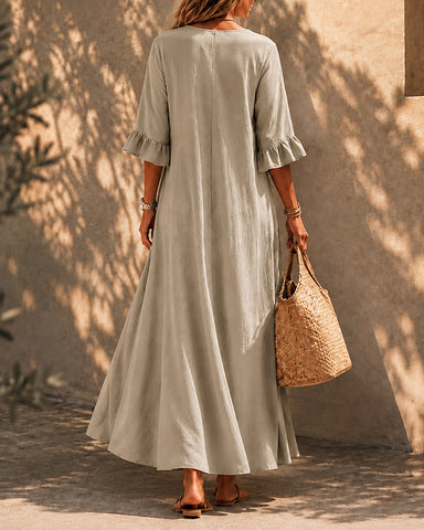 Casual Loose Cotton Linen Ruffled Sleeves Long Dress