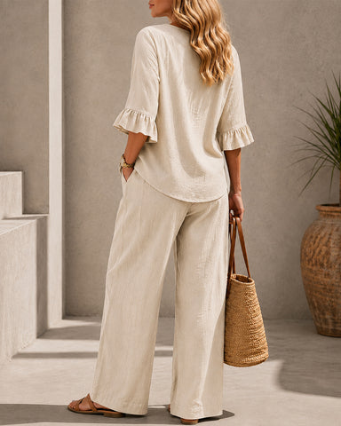 Button Detail Cotton Linen Set