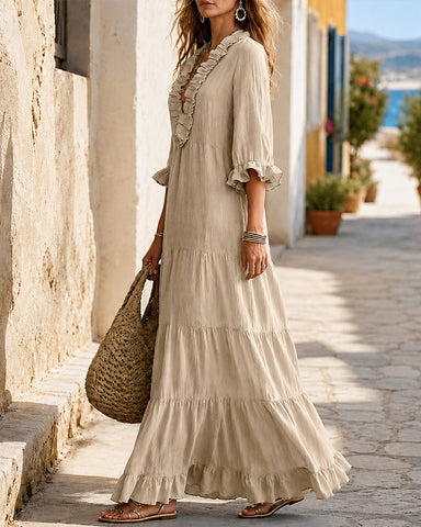 Bohemian Deep V Ruffle Casual Cotton Linen Long Dress