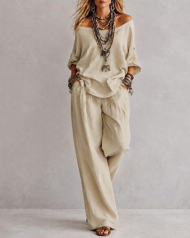 Casual Loose Linen Off-Shoulder Wide-Leg Set
